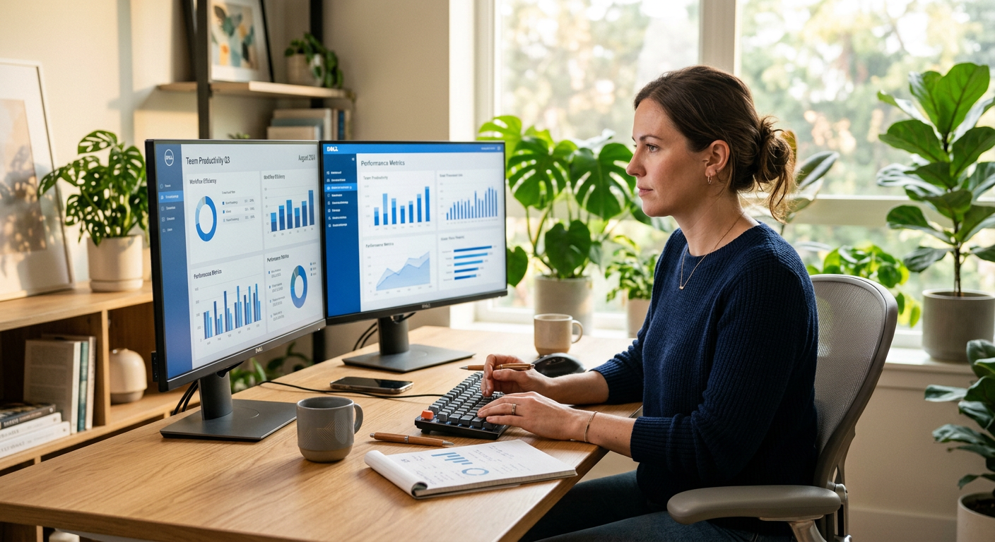 Professional reviewing AI productivity data at a modern desk with dual monitors