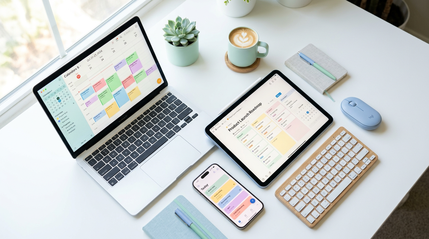 Modern workspace with productivity apps displayed on multiple devices
