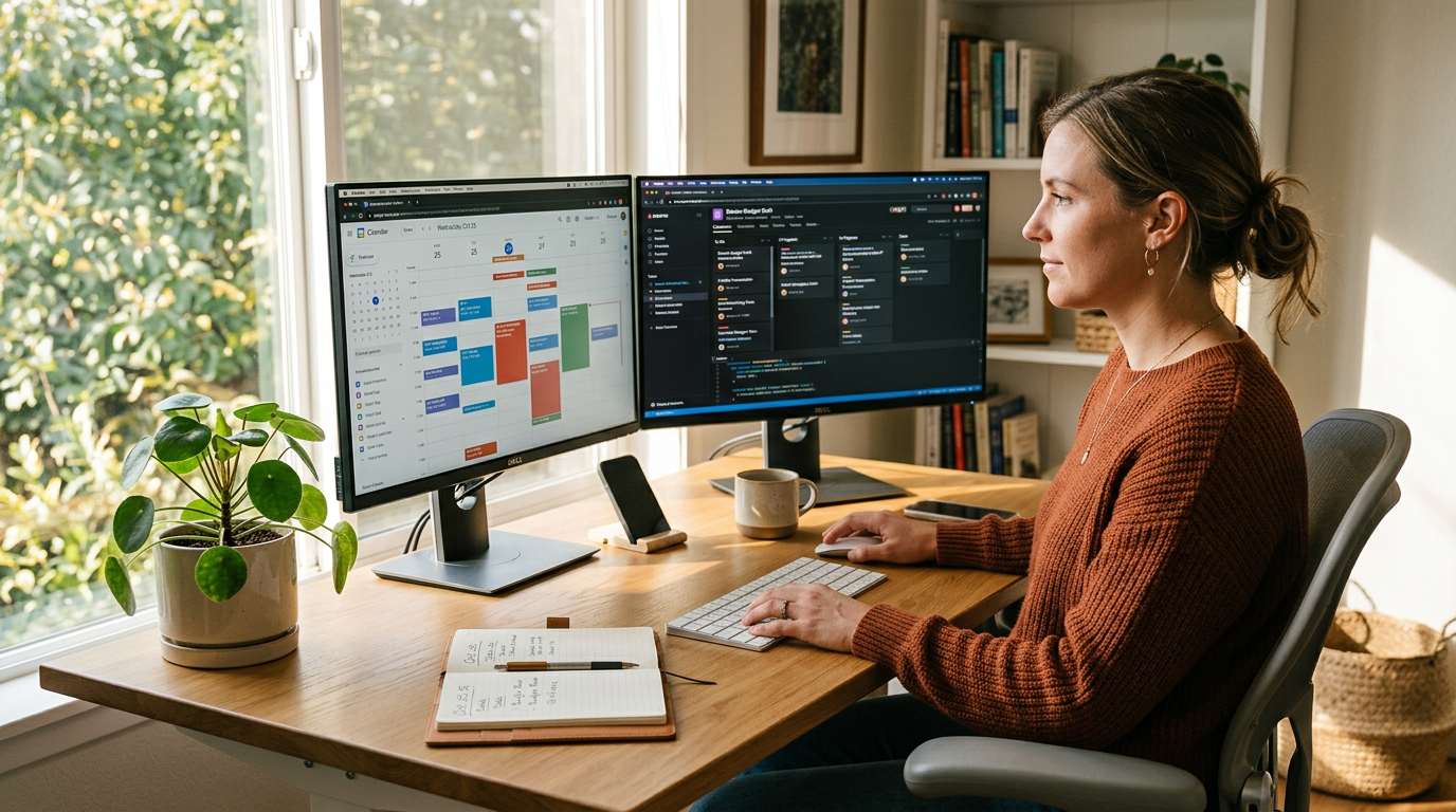Professional focused on work at a modern desk with calendar apps visible on screen