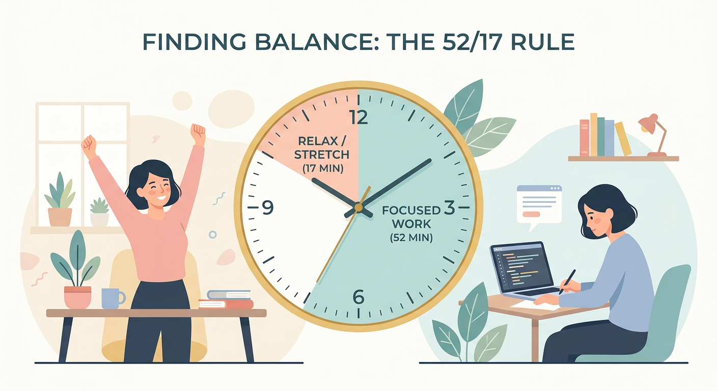 Illustration of a clock showing 52-minute work and 17-minute break intervals with a focused person