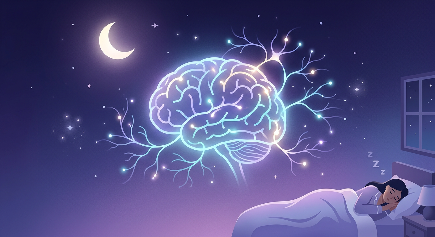 Peaceful illustration of a brain clearing thoughts before sleep with moon and stars
