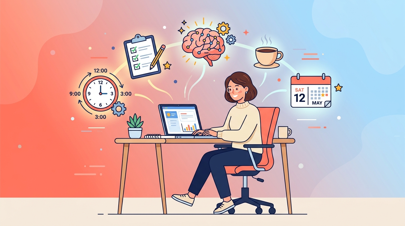 Modern minimalist illustration showing productivity concepts with a focused worker, clock, checklist, and brain icons