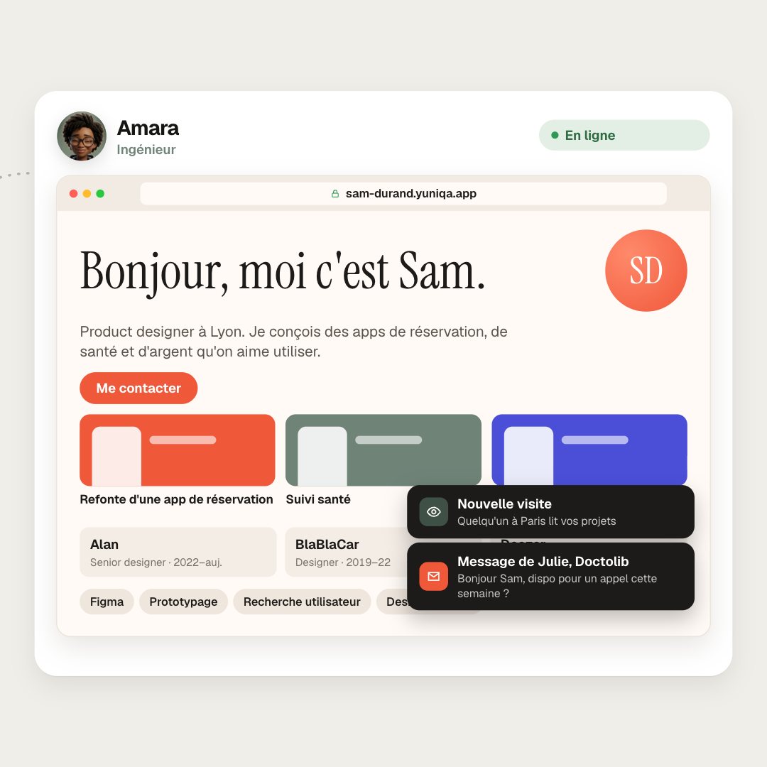 Vous envoyez votre CV et demandez à Amara d'en faire un site. Chaque partie du CV devient une section du site, vous appuyez sur Mettre en ligne, et sam-durand.yuniqa.app est en ligne avec une première visite et un message.