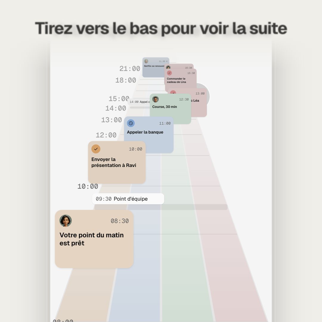 L'écran Ma journée : vous écrivez « Déjeuner avec Léa à 13 h, appeler la banque, commander le cadeau de Lina » et chaque élément arrive dans sa voie. Les cartes de l'équipe arrivent, vous faites défiler l'après-midi et répondez à Walter d'un geste.
