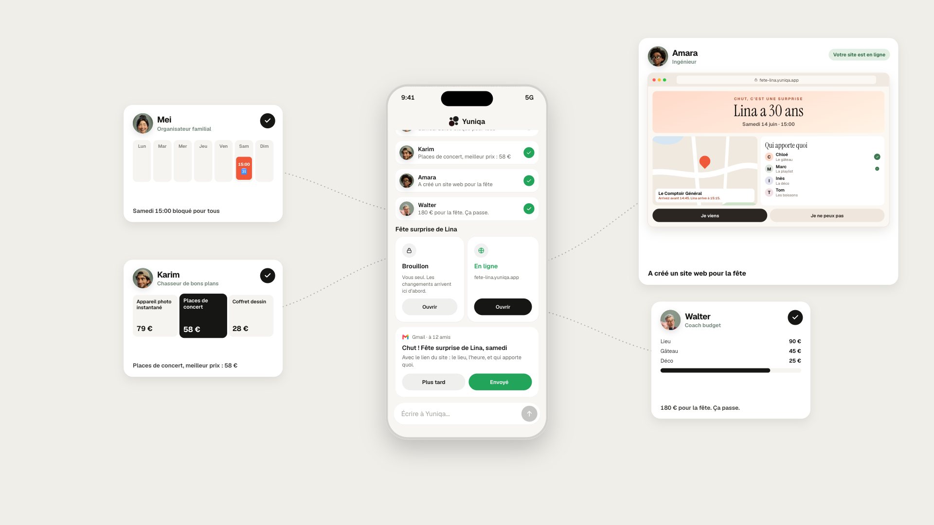 Vous écrivez « J'organise une fête surprise pour Lina samedi. Occupe-t'en. » Yuniqa confie la tâche à quatre coéquipiers : Mei bloque samedi, Karim trouve le cadeau, Amara crée un site pour la fête avec le plan et qui apporte quoi, et Walter vérifie le budget. Vous mettez le site en ligne et envoyez l'invitation en un geste.
